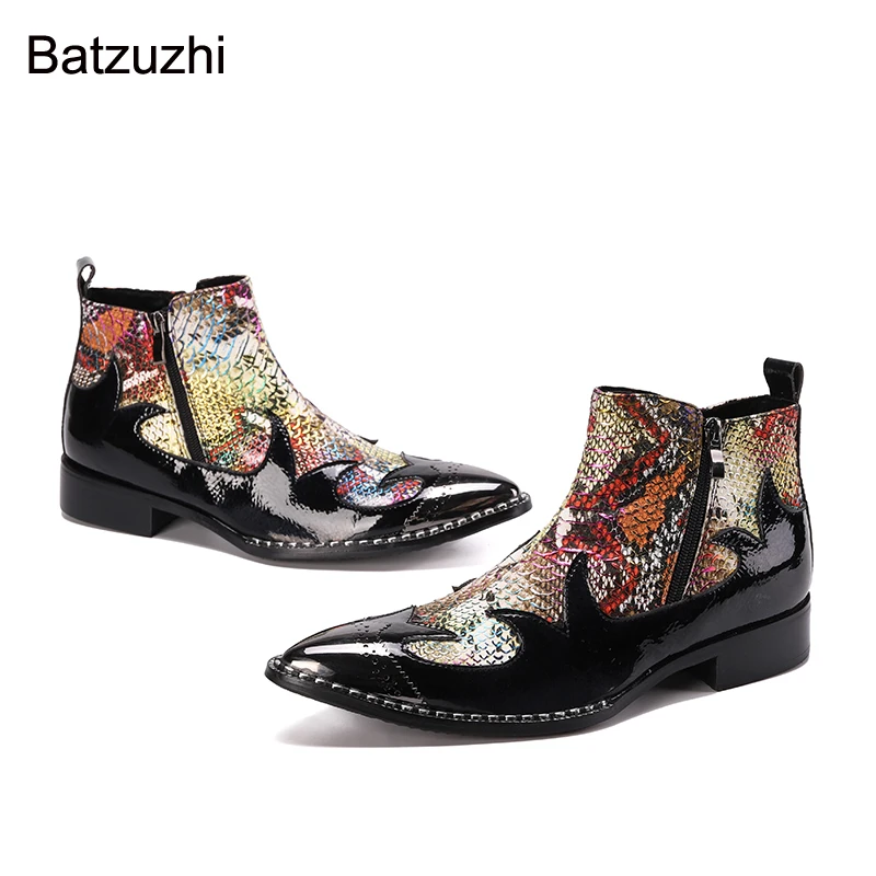 

Batzuzhi New Design Men's Boots Pointed Toe Black Print Genuine Leather Ankle Boots Men Zip Runway, Party Botas Hombre,38-46