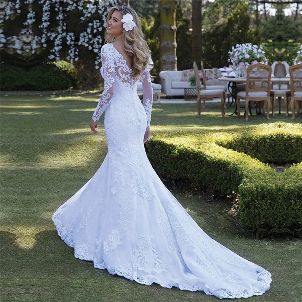 Vestidos De Novia Châu Phi Dài Tay Nàng Tiên Cá Váy Cưới 2022 Ren Appliques Gợi Cảm Ảo Giác Lưng Cô Dâu Đầm Cô Dâu Đồ Bầu