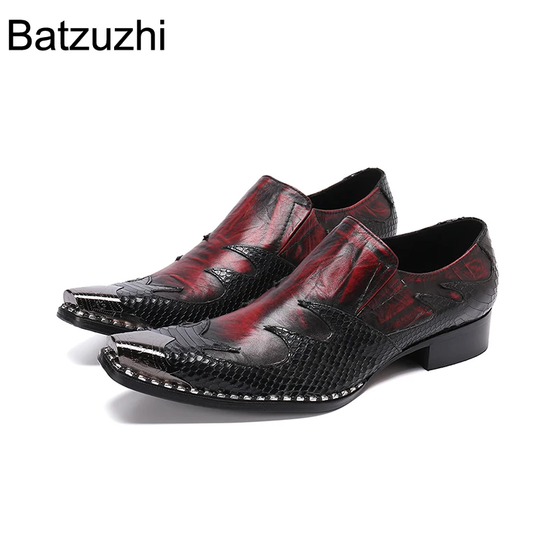 Batzuzhi Italian Style Fashion Men\'s Leather Shoes Pointed Metal Toe Wine Red Formal Business Dress Shoes Men for Party /Wedding