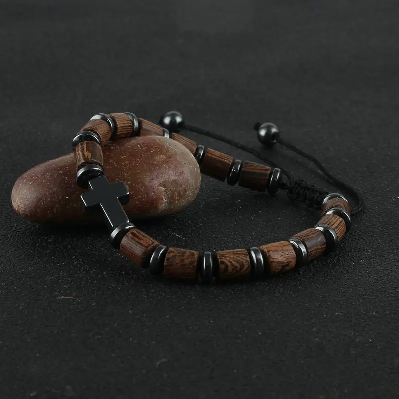 Hematite Cross Charm Bracelet Handmade Adjustable String Chain Lucky Wooden Beads Bracelets for Women Men Jewelry Friend Gift