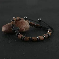 Hematite Cross Charm Bracelet Handmade Adjustable String Chain Lucky Wooden Beads Bracelets for Women Men Jewelry Friend Gift