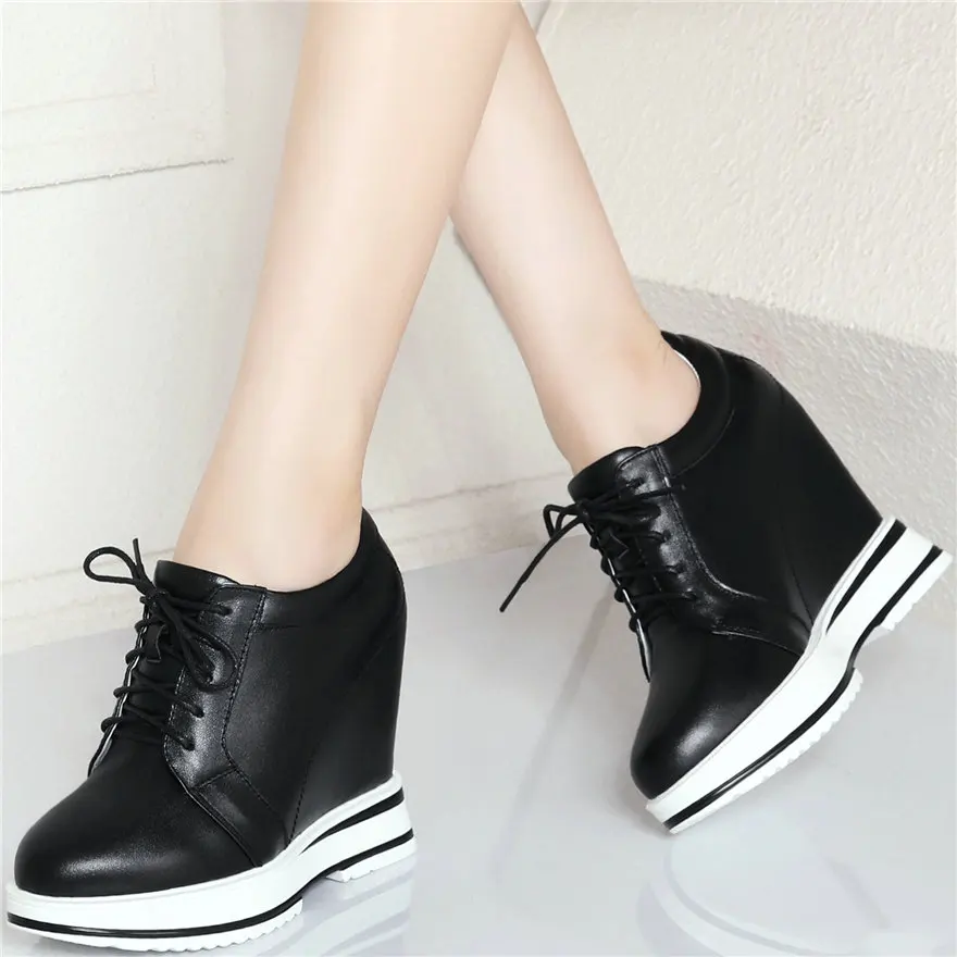 Fashion Sneakers Women Lace Up Cow Leather Wedge High Heel Vulcanized Shoes Female Round Toe Platform Oxfords Shoes Casual Shoes