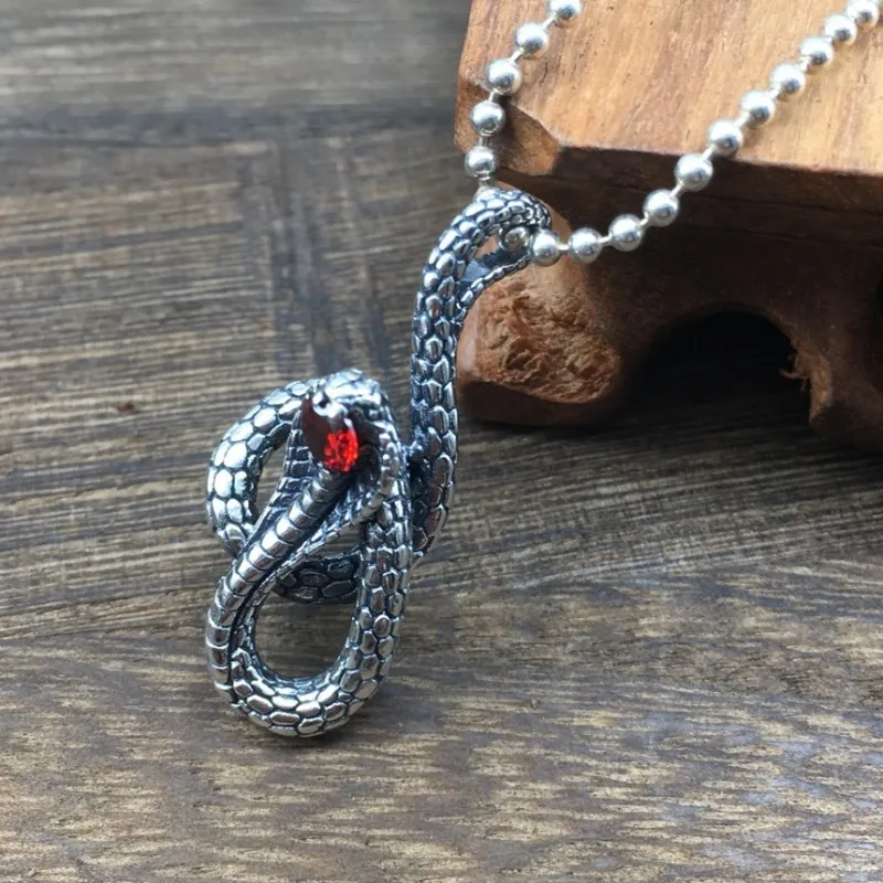 BOCAI New  Trend 100% S925 Silver Personality Cobra King Red Zircon Vintage Men and Women Pendant