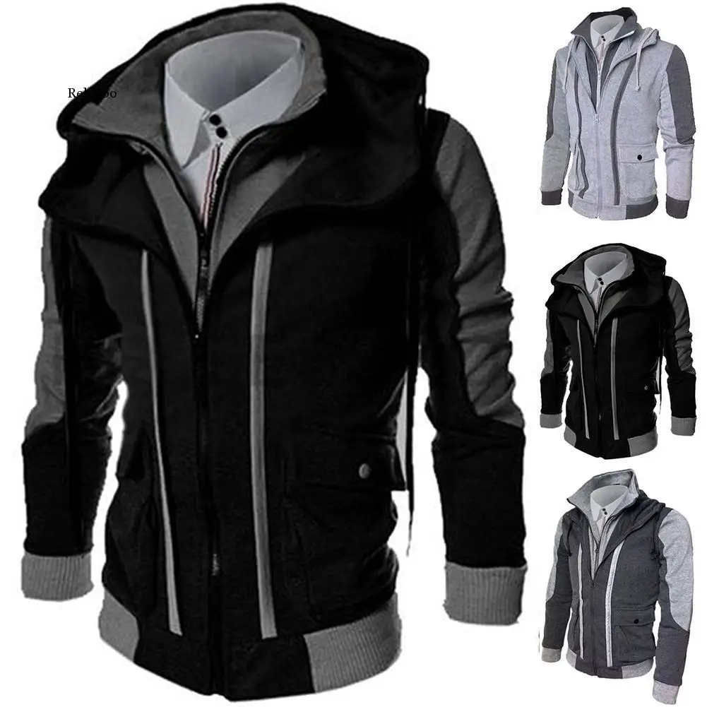 Casual Men Jackets Coats Winter Thin Warm Zipper Hooded Jackets Fake Two Pieces Sports Sweatshirt Men's Clothing Dispel Cold