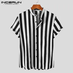 INCERUN-Camisa listrada de manga curta para homens, gola, botão, streetwear casual, tops de moda de lazer, 2023