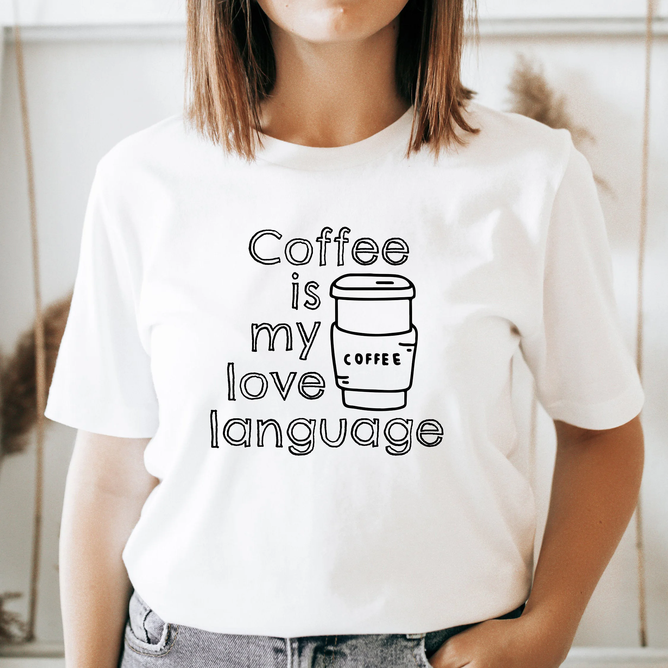 

Coffee Is My Love Language Print Harajuku Top Casual Ladies Basic O-collar Short Sleeved Women T-shirt Girl,Drop Ship