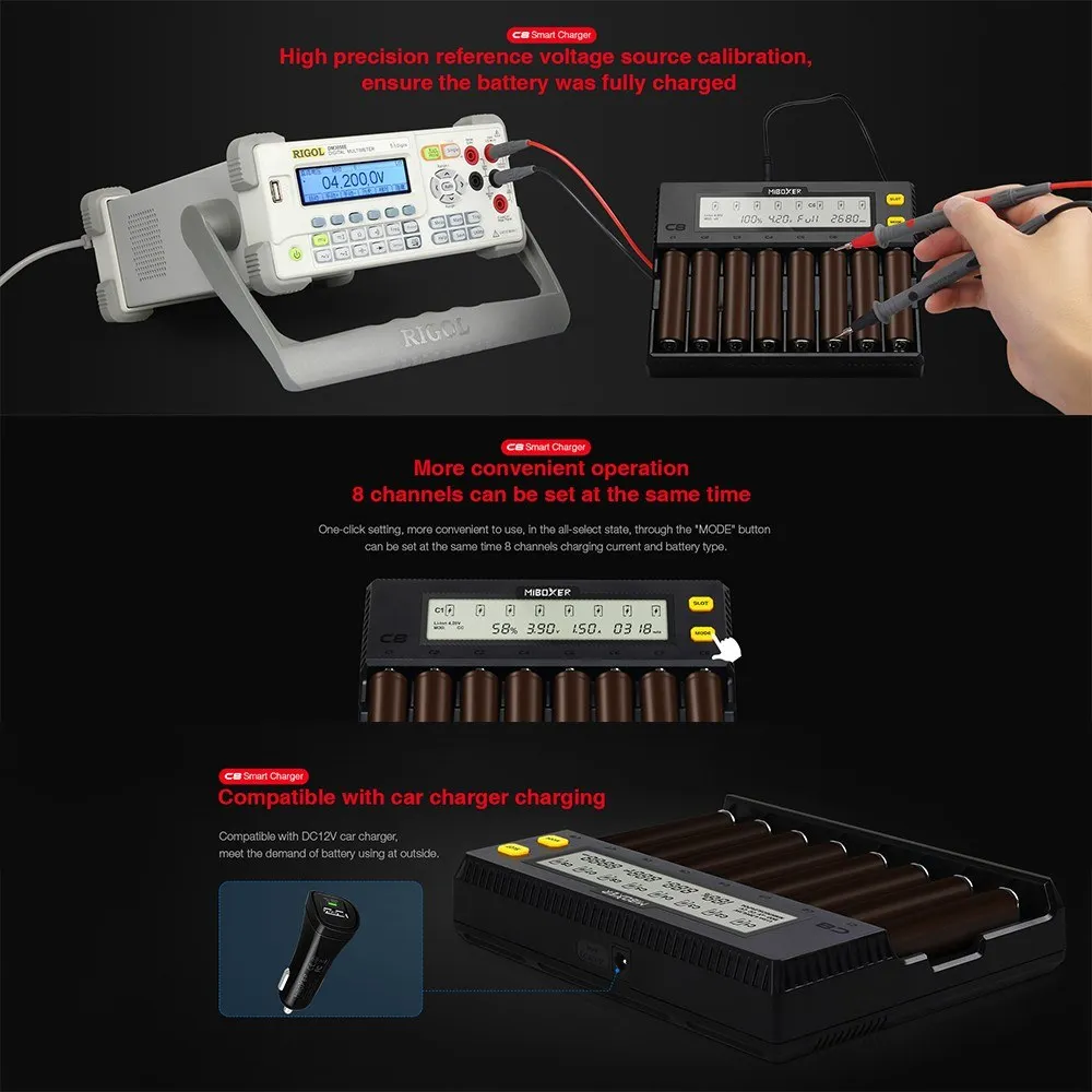 MiBOXER C8 Intelligent Universal 1.5A 8 Bay LCD Display Battery Charger for 18650 Li-ion LiFePO4 Ni-MH Ni-Cd