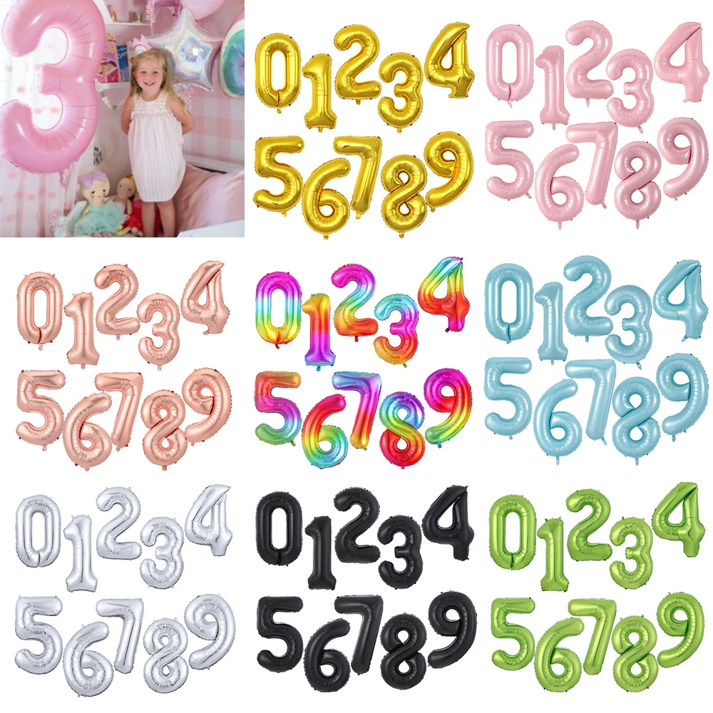 40inch Baby Pink Blue Silver Black Rainbow Big Number Foil Balloons 0 1 2 3 4 5 6 7 8 9 years Old Birthday Party Wedding Decor