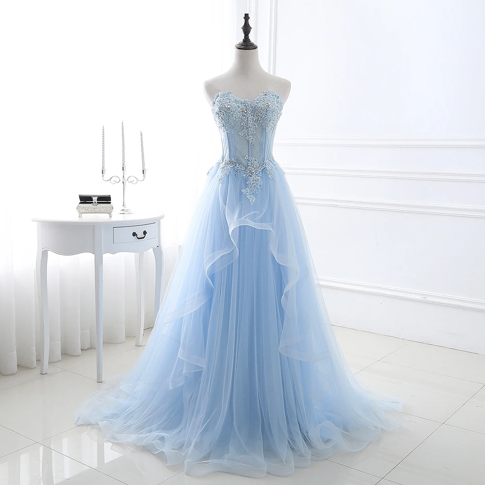 Customized Light Blue Prom Dresses Long Sexy Sweetheart A-Line Tulle Lace Applique Beaded Crystal Women Formal Party Gown