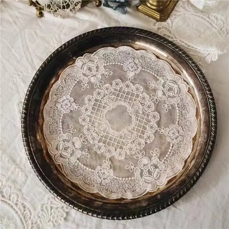 18CM/27CM Round French Lace Embroidered Placemat Doily Coaster Fruit Snack Cake Mug Cup Mat Decoration