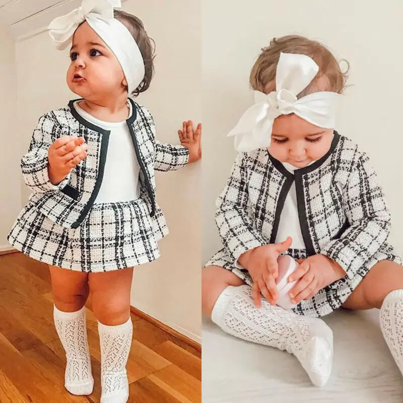 Pudcoco US Stock 6M-5T 2PCS Baby Spring Autumn Clothing Baby Girl Pageant Plaid Coat & Tutu Dress Party Outfits Fashion Clothes