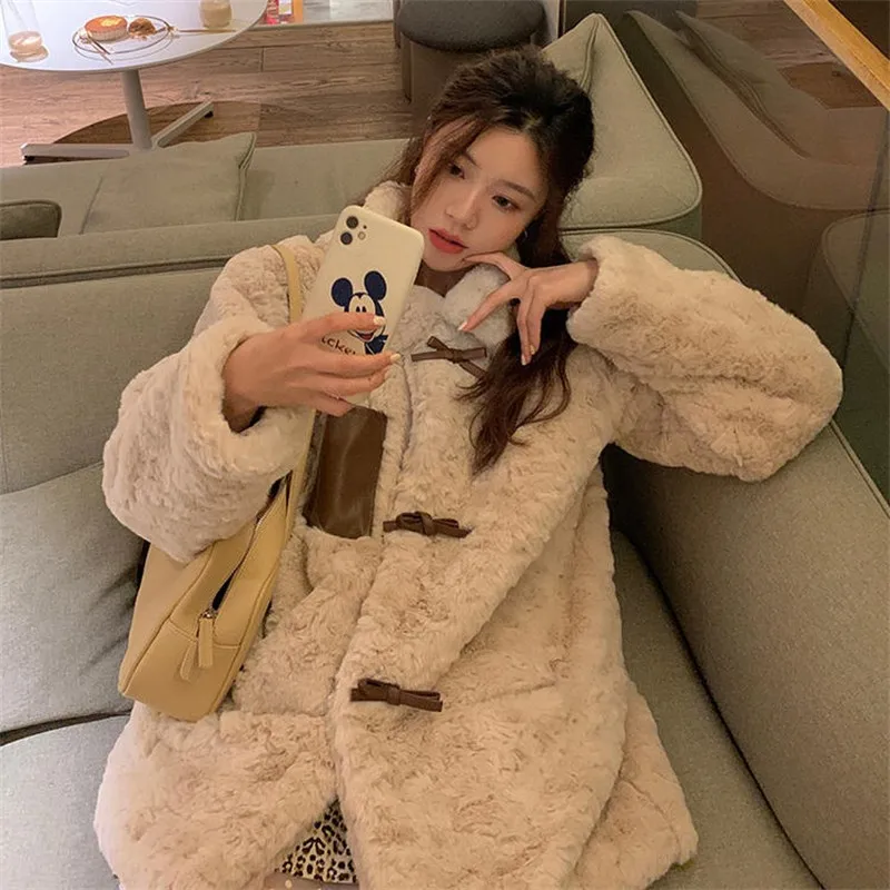 

Winter New Thicken Plush Warm Soft Furry Imitation Rabbit Fur Loose Korean Top Fashion Short Lamb Female Artifical Fleece Jacket