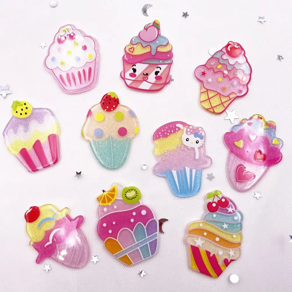 Kawaii Colorful Glitter Mix Ice Cream Flatback Acrylic Sheet Miniature Pattern 10pcs Applique DIY Scrapbook Home Decor Craft J04