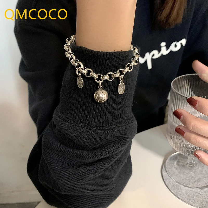 QMCOCO Silver Color Brcacelet For Women Fashion Vintage Punk Birthday Party Jewelry Couples Accessories Gifts