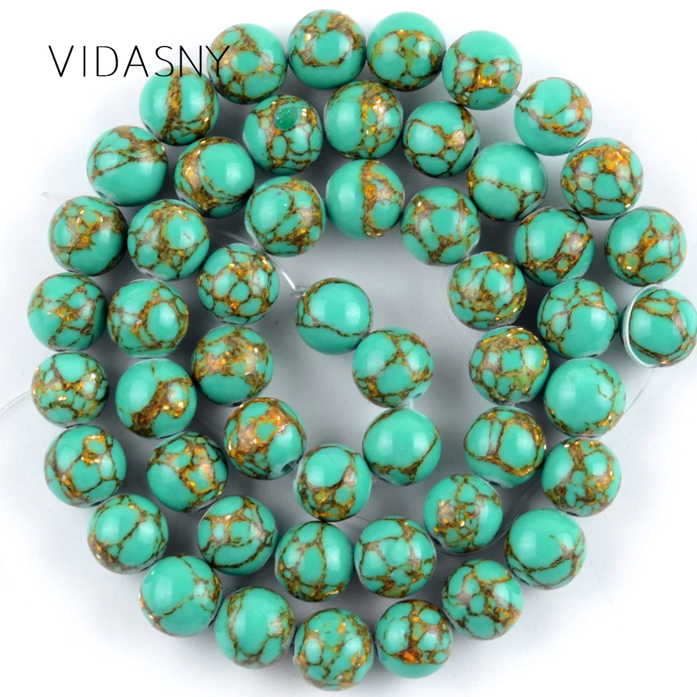 Línea de Color dorado verde turquesa, gemas naturales, cuentas de piedra redondas para fabricación de joyas, cuentas espaciadoras de 4, 6, 8 y 10mm, collar de pulsera Diy