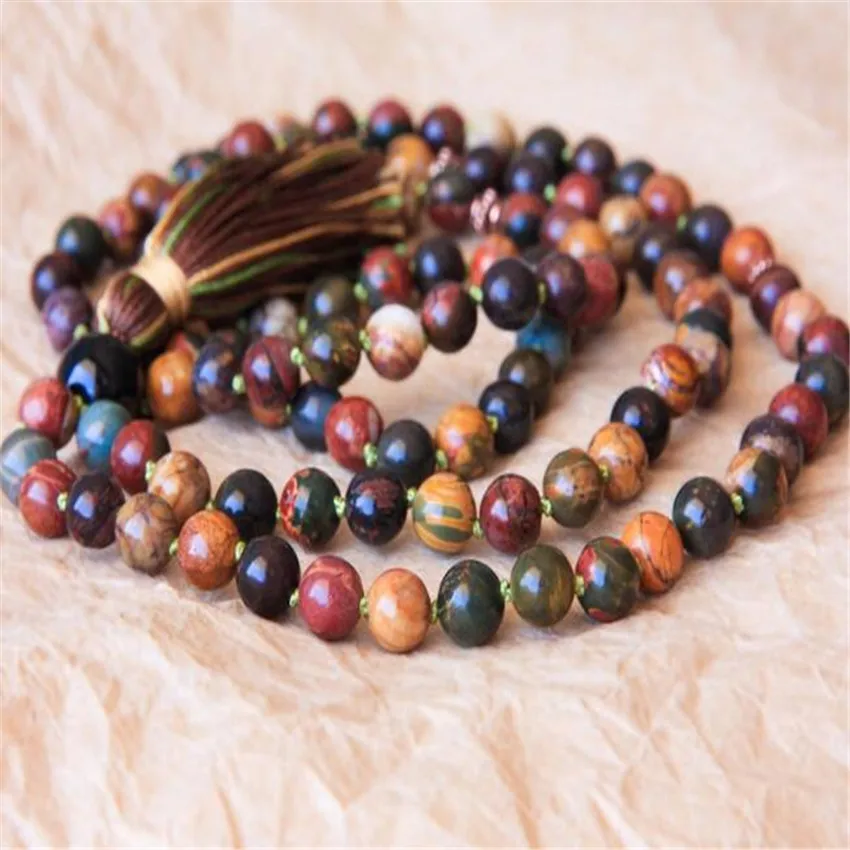 

6mm Natural Picasso Gemstone 108 Beads Tassels Mala Necklace Buddhist pray classic energy fengshui cuff Handmade Sutra Health