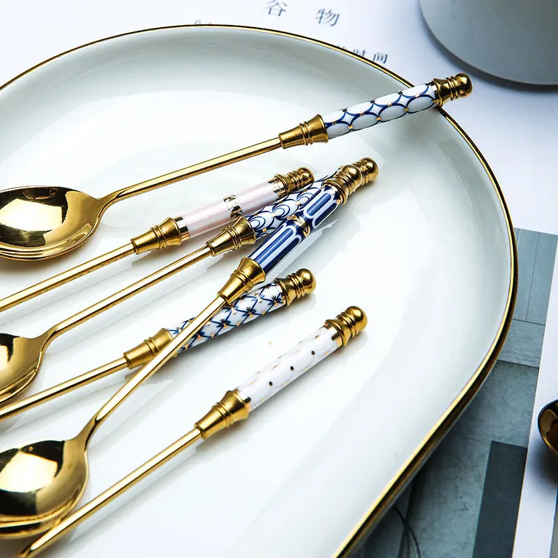 Stainless Steel Dessert Spoon Gold Coffee Milk Spoon With Ceramic Long Handle Ice Cream Fruit Cake Spoon Honey Stirring Spoons