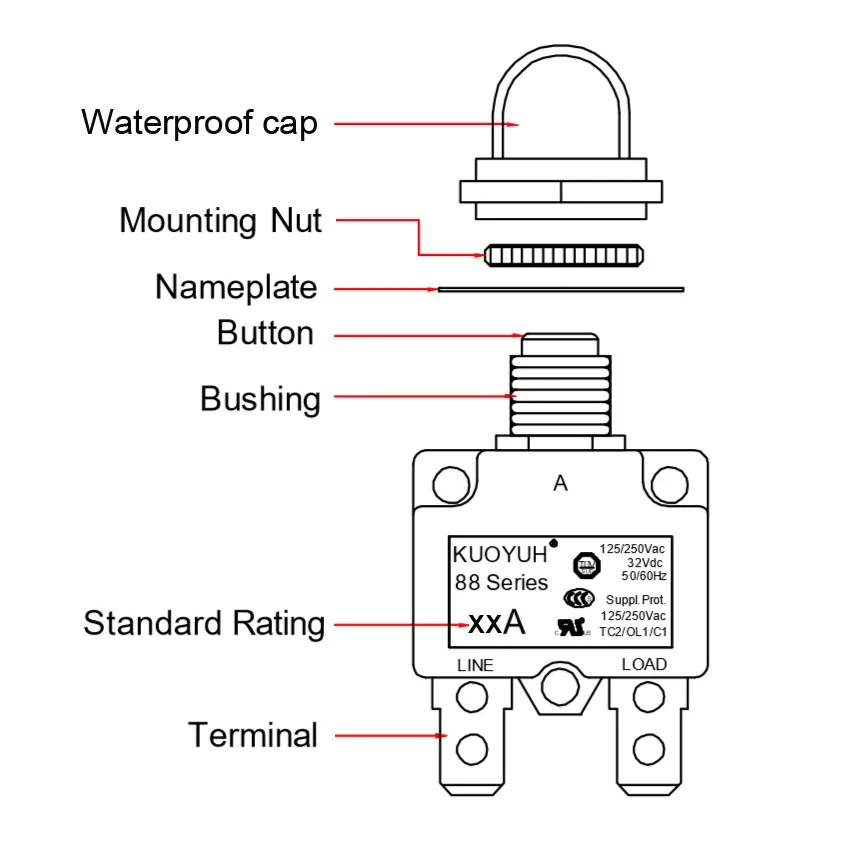 Kuoyuh 88 Series 3A4A5A6A7A8A9A10A11A12A13A15A16A17A18A20A25A30A Resettable  Circuit Breaker Overload Protector Switch