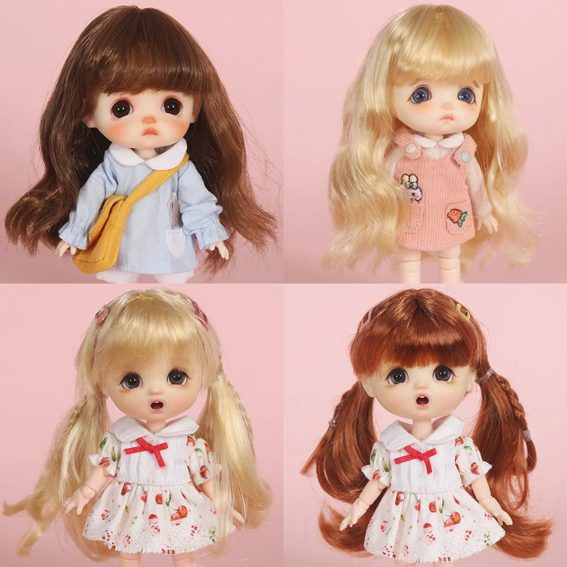 ob11 Wig Human face doll wig golden brown fake hair soft milk silk bangs wave curly hair braid long hair for 1/ 8BJD doll wig