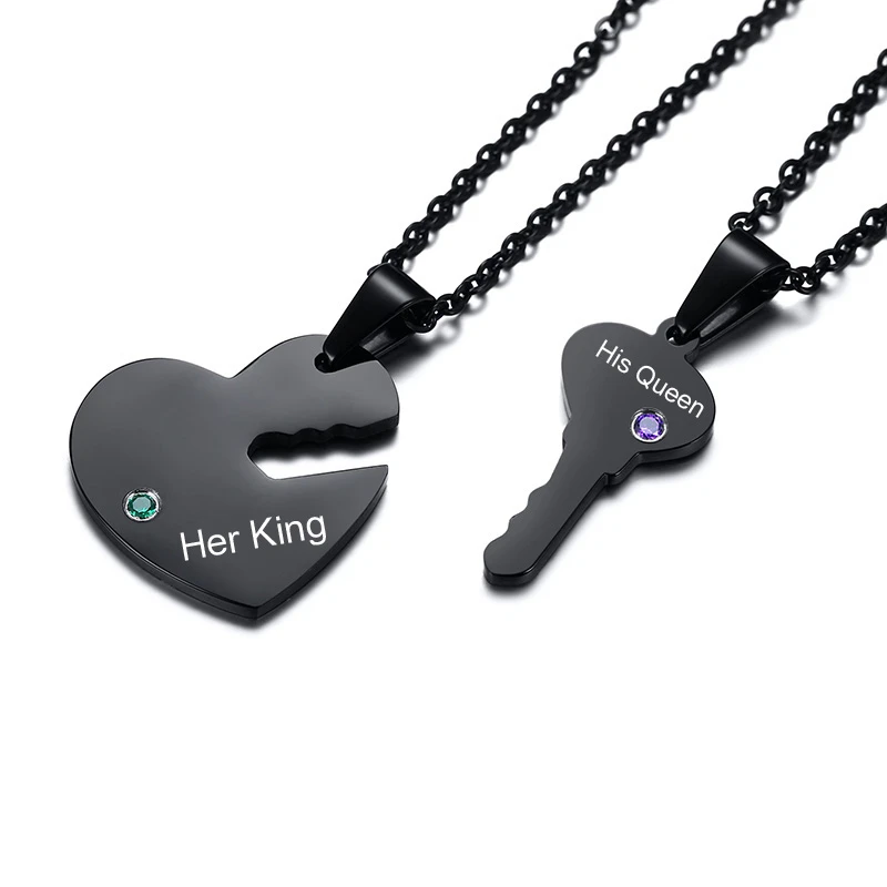 Stainless Steel Personalized Key Heart Puzzle Necklace Set Birthstones Custom Name Her His Couples Jewelry