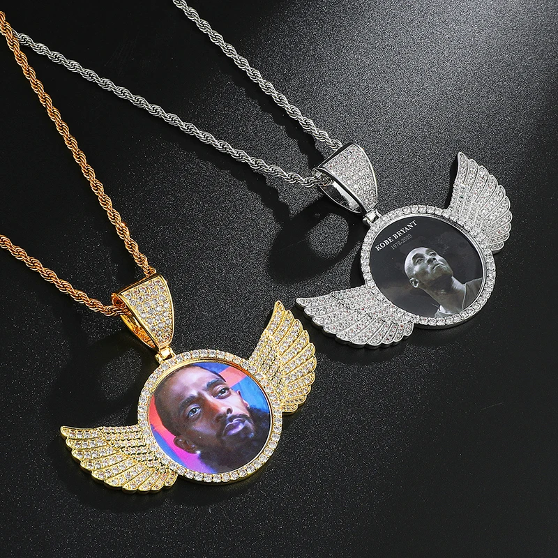 Medallones de memoria de foto hechos a medida con ala de Hip Hop, collar y colgante de circón cúbico ostentoso sólido helado para hombres, joyería