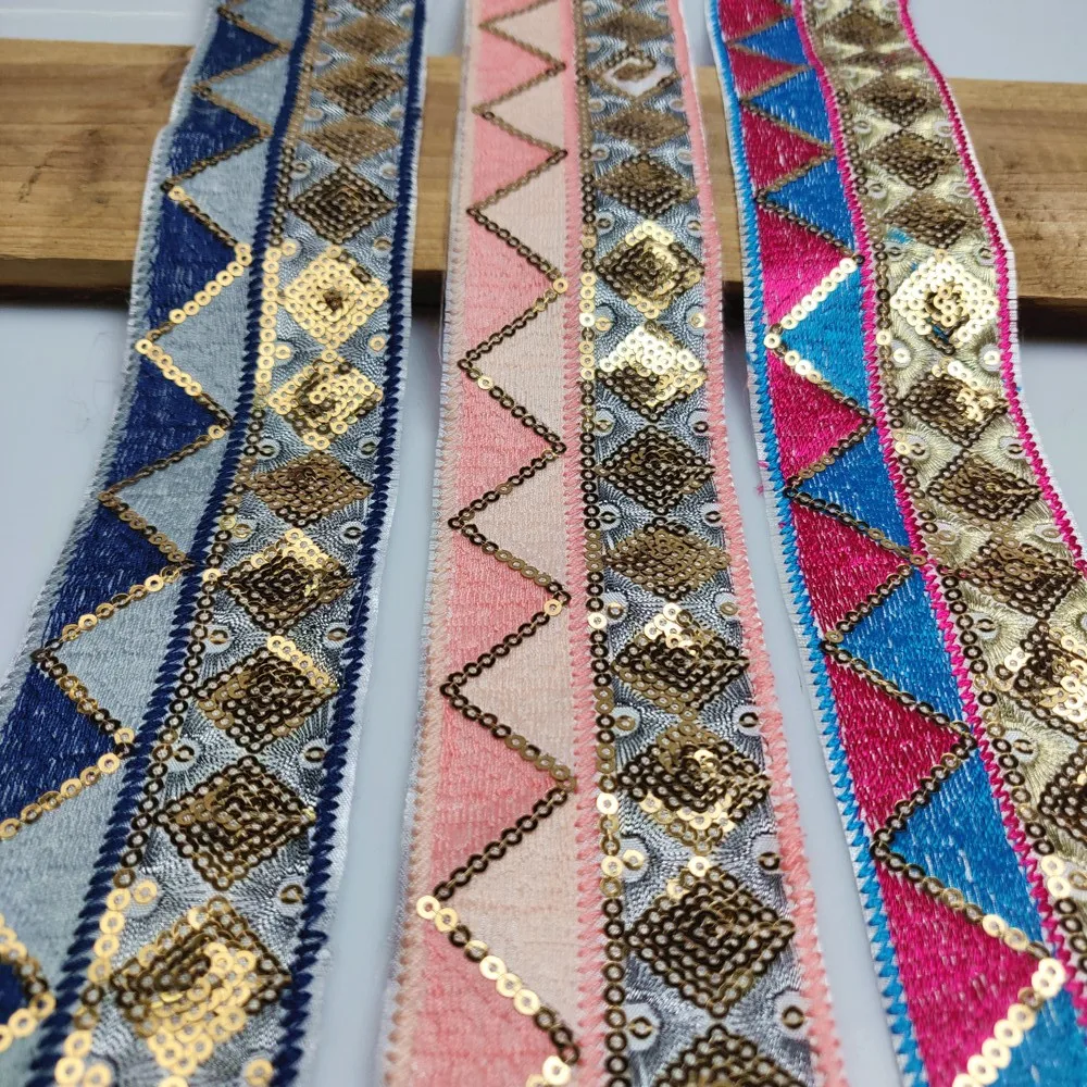 GAFABRIC 5cm Wide Ethnic Gold Sequins Webbing Ribbons Clothing Decorative Embroidered Lace Trims DIY Sewing Accessories