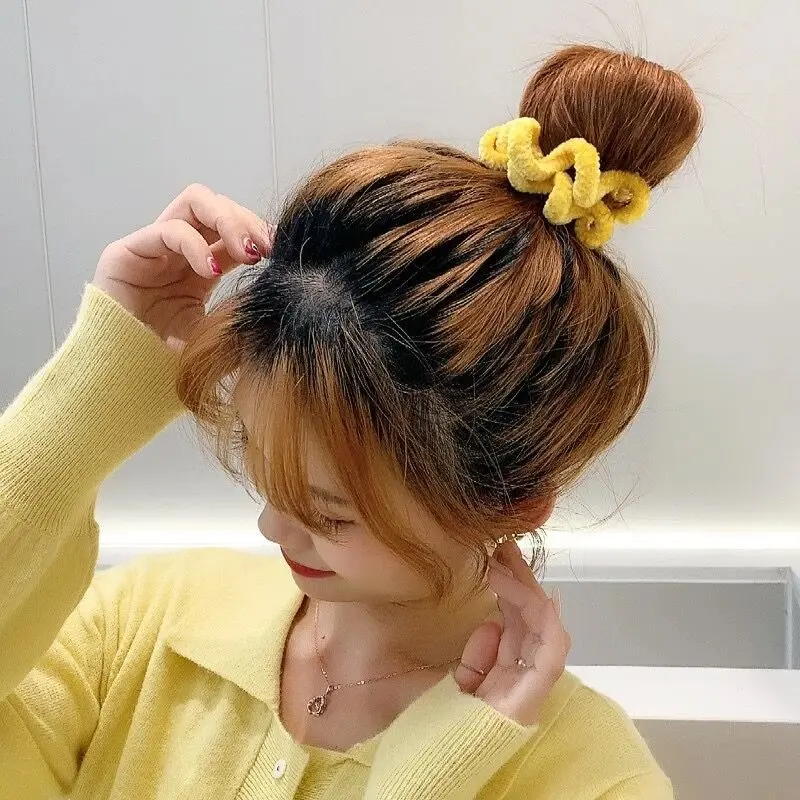 Women Accessories Solid Color Elastic Hair Band Furry Telephone Wire Hair Tie Large Size Spiral Shape Rubber Fashion Scrunchie