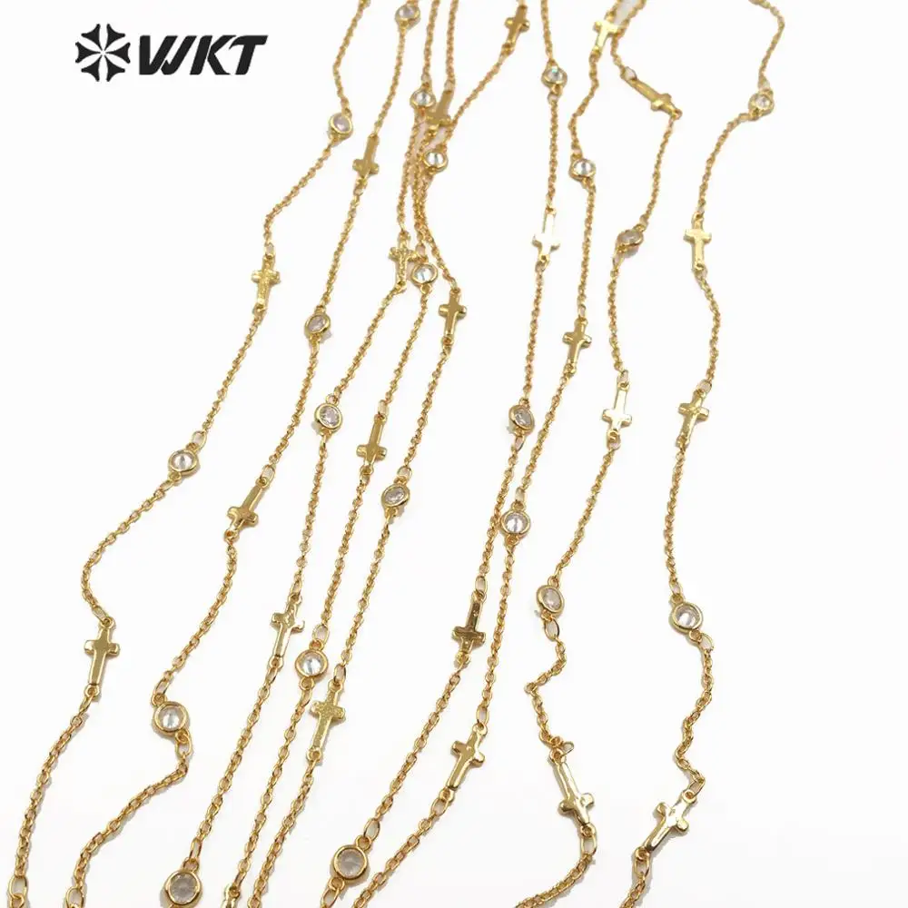 WT-RBC130 WKT Natural Stone Rosary Chain CZ Cross Brass Chain In  Gold Electroplated Rosary Chain For Women Stylish Jewelry