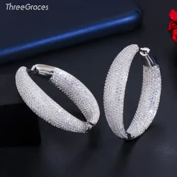 ThreeGraces Fashion Shiny Micro Pave CZ Crystal Silver Color Big Round Hoop Earrings for Women Chic Wedding Party Jewelry ER533