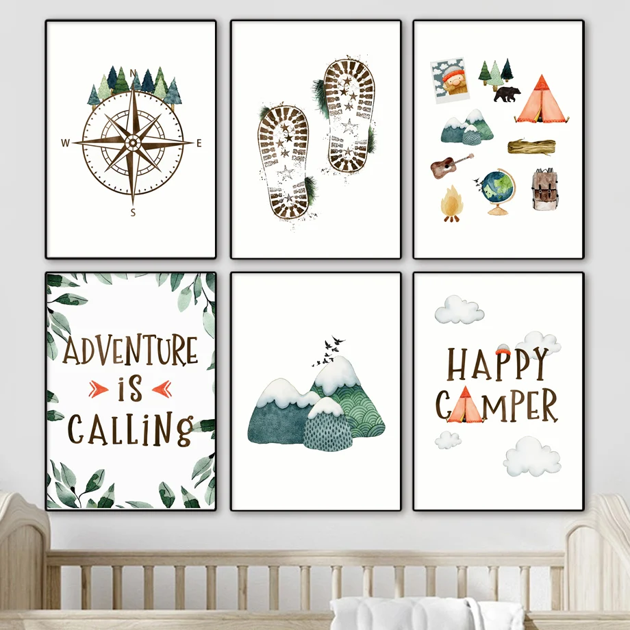 Compass Mountain Forest Tent Travel Wall Art Cartoon Nordic Children's Room Decoration Cartoon No Frame posters canvas painting