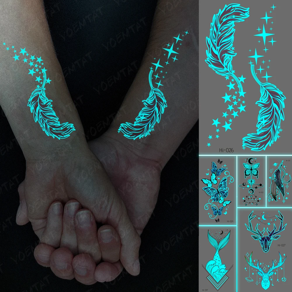 

3D Blue Feather Luminous Tattoos Stars Wings Butterfly Cute Transfer Waterproof Temporary Tattoo Sticker Men Women Glowing Tatto