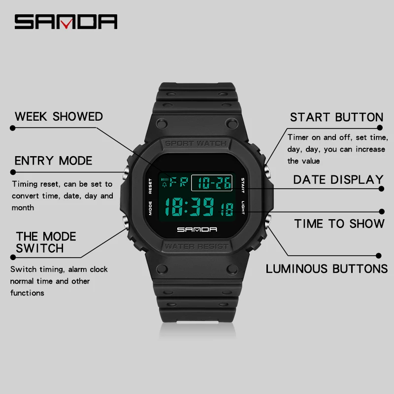 SANDA Fashion LED Digital Watch Multifunction Wrist Watch Rectangle G Style Watches Men\'s Sport Waterproof Watches reloj mujer