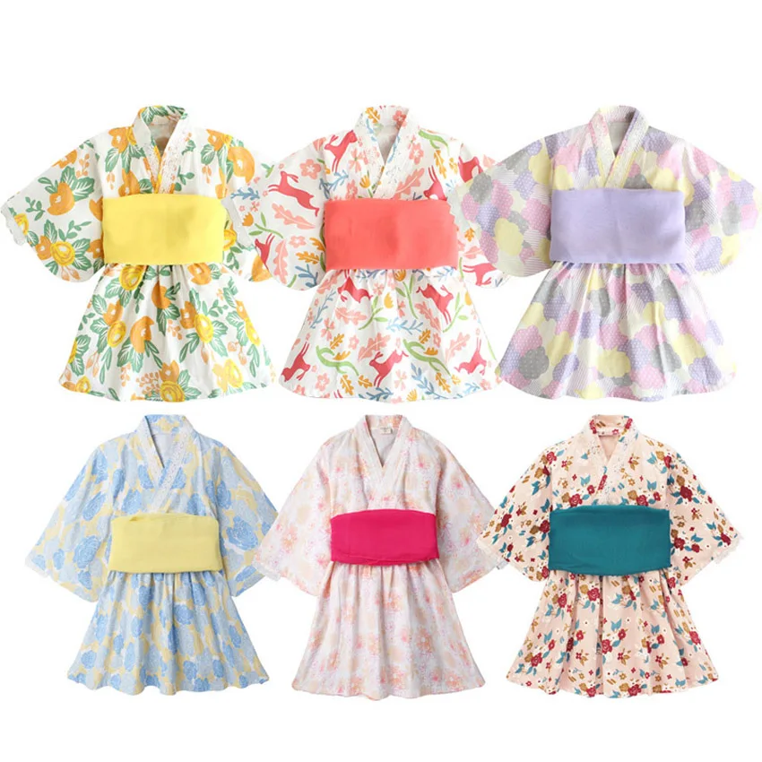 Barboteuse de Style japonais pour petites filles, robe Kimono à imprimé Floral Kawaii, costume pour enfants, vêtements asiatiques Yukata