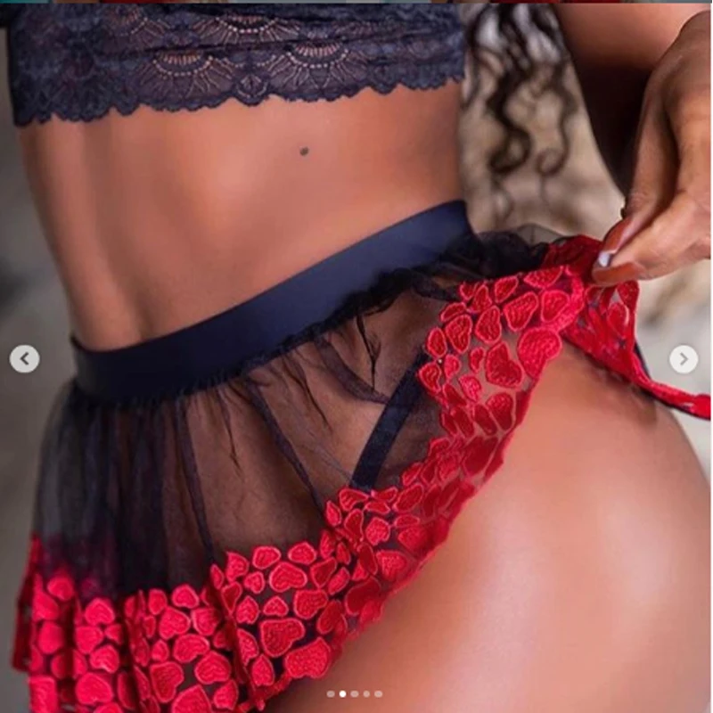 Sexy Lingerie Women Sleeveless Lace Mesh Peach Heart Print Crop Top Erotic Mini Skirt Suits Sex Costume Sets