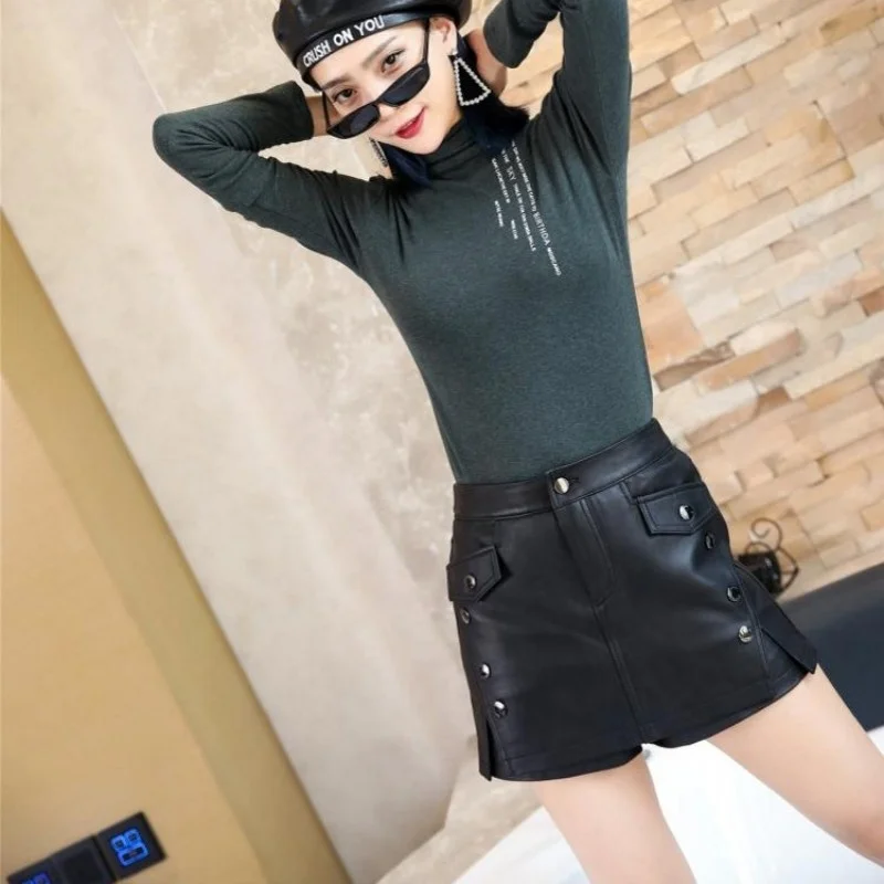 Wide Women Leg Shorts Skirts Autumn Winter New Genuine Leather Elastic Waist Casual Shorts Street Punk Black Shorts Female