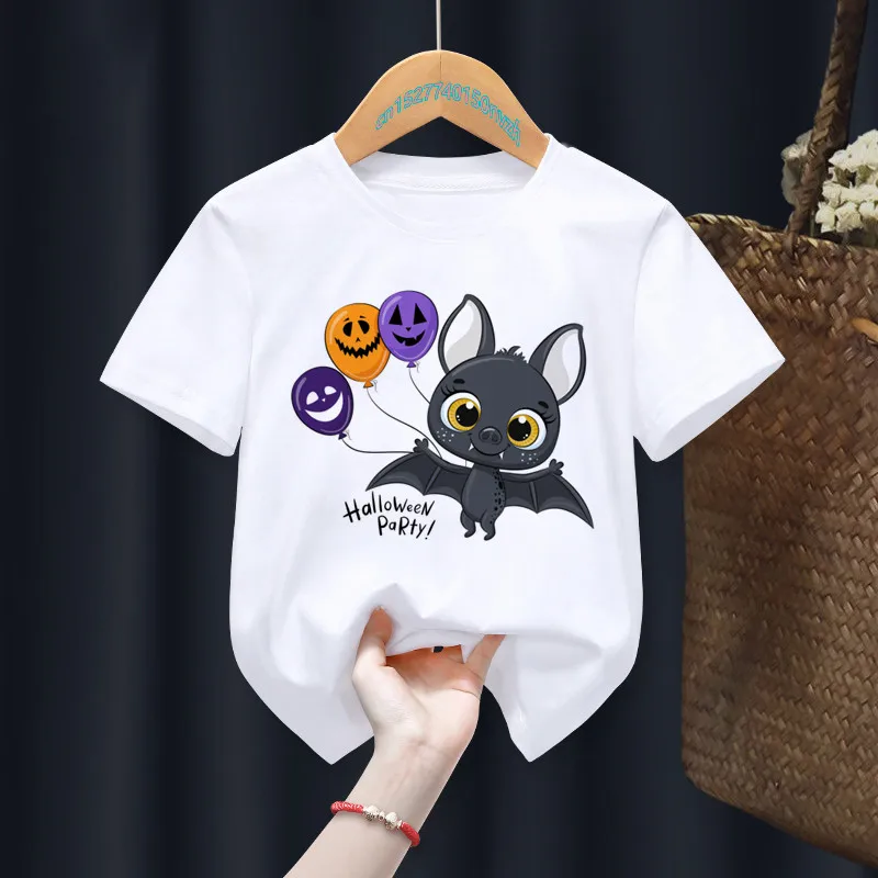 Cadılar bayramı yarasa karikatür baskı beyaz t-shirt çocuk Kawaii bebek sevimli üstleri Tee bebek kız erkek hediye elbise, damla gemi