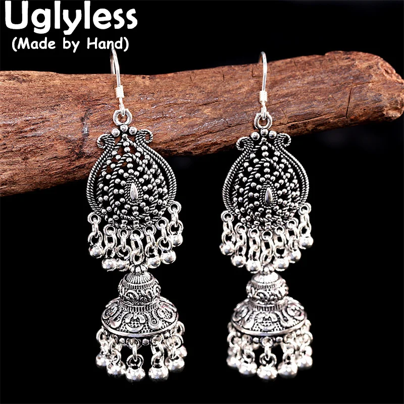 

Uglyless HOT Vintage Ethnic Thai Silver Balls Clinking Earrings for Women 925 Silver Exotic Dress Earrings Hollow Brincos E1899