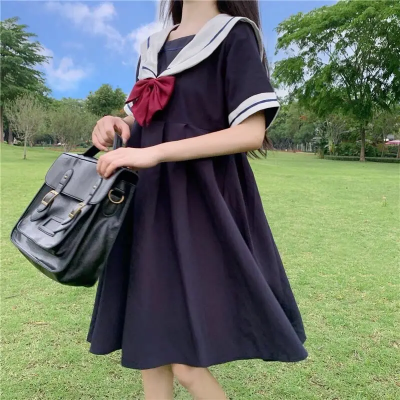 A-line Dress Women Sweet Kawaii Japanese Style College Autumn New Sailor Collar Patchwork Bow Fashion Leisure Loose Popular Chic