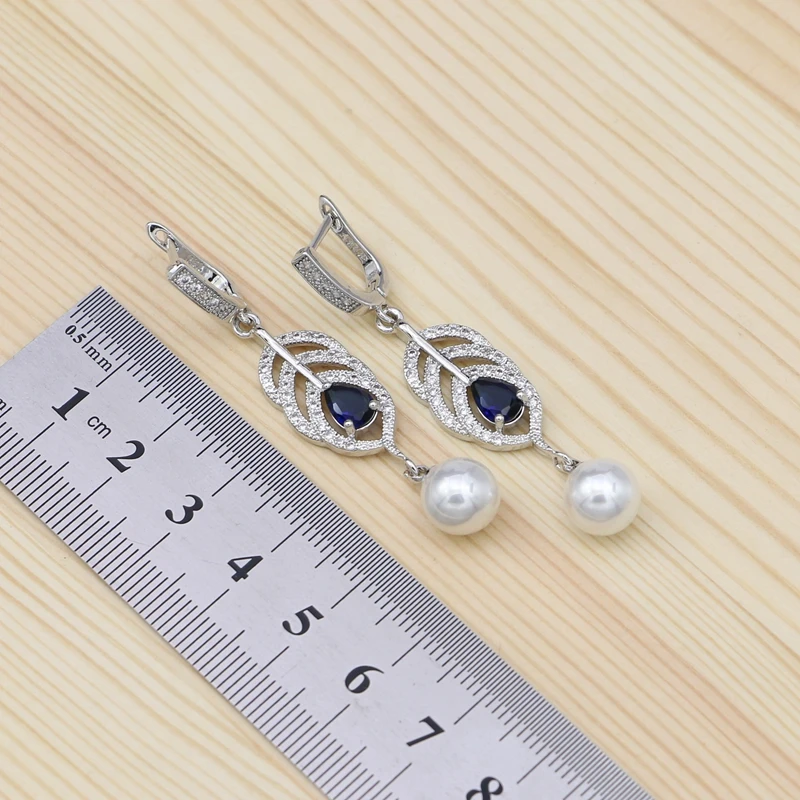 925 Silver Jewelry Set For Women Engagement Gift Blue Stone White Pearl Heart Shape Bracelet Necklace Pendant Earrings Open Ring