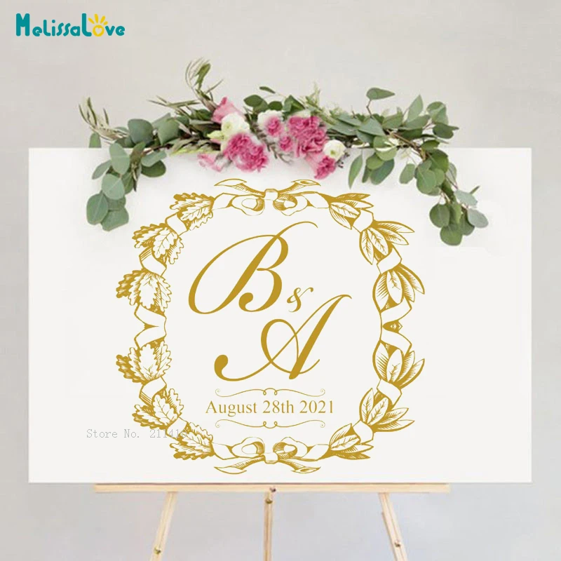 Wreath Custom Initials and Date Wedding Floor Decals CelebratIon Dance Stage Board Decor Vinyl Removable Stickers YT6402