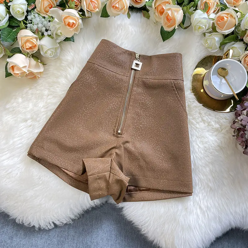 

Autumn Winter Female Shorts Slim Casual Leather Loose High Waist Shorts Women PU Zipper Skinny Cool Shorts