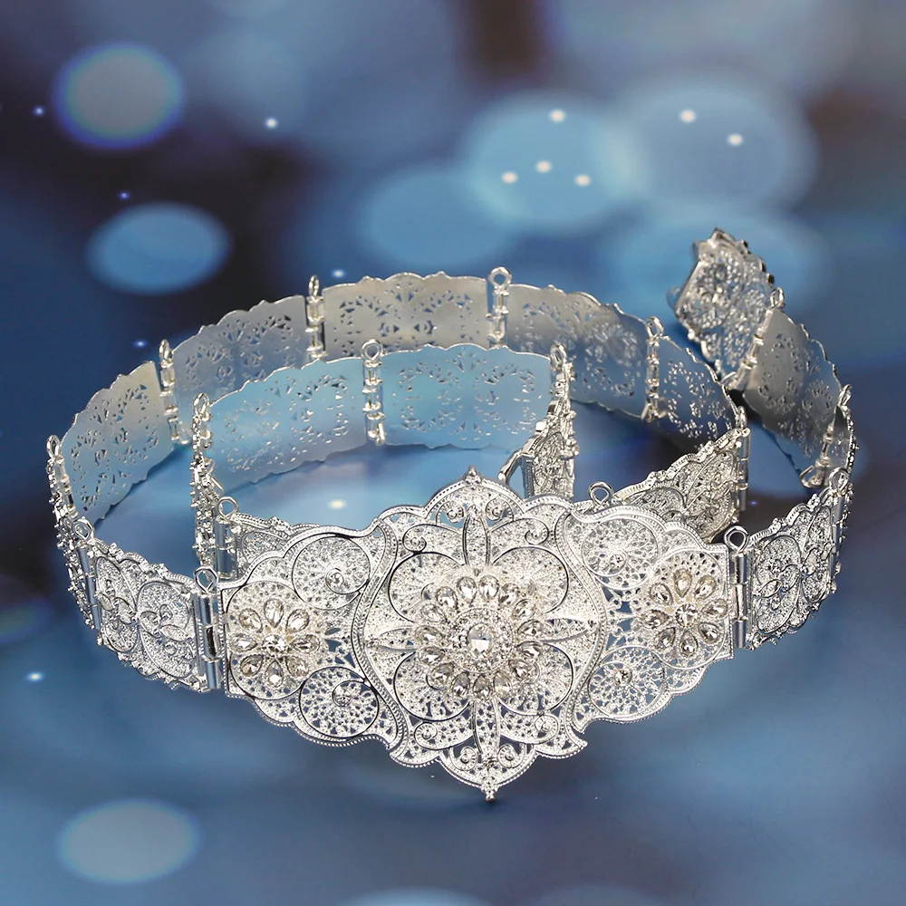 Sunspicems Chic Silver Color Algerian Kaftan Belt For Women Arabic Bride Wedding Jewelry Crystal Morocco Dress Waist Chain Belt