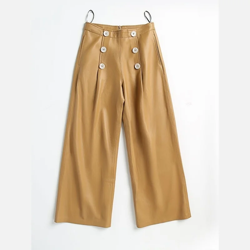 Casual Womens Sheepskin Wide Leg Pants High Waist Loose Ankle-Length Pants Street Office Lady Genuine Leather Trousers S-L