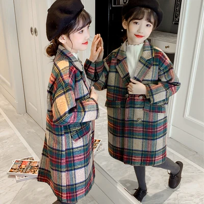 Girls Long Woolen Jacket Fall Winter Teenager Kids Casual Windbreaker Clothes Outerwear Children Trendy Plaid Wool Overcoat P320