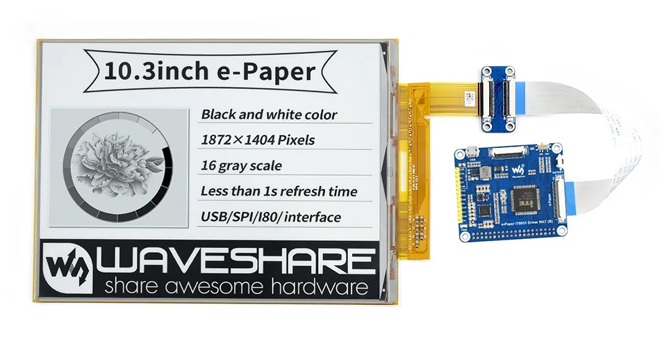 

Waveshare 10.3inch flexible E-Ink display HAT for Raspberry Pi, IT8951 controller,1872*1404 resolution,supports partial refresh