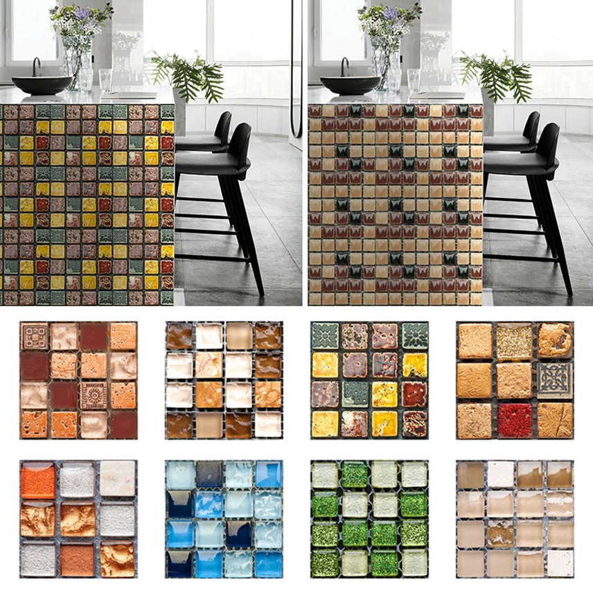 10Pcs Mosaic Sticker Tiles Labelstock Bathroom Floor Tile Adhesive Kitchen Backsplash Chap Worktop Kitchen Decor 10x10cm