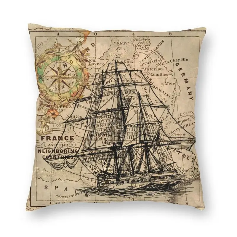 Vintage Pirate Ship Sailor Antique World Map Cushion Cover Floor Pillow Case for Living Room Cool Pillowcase Home Decorative