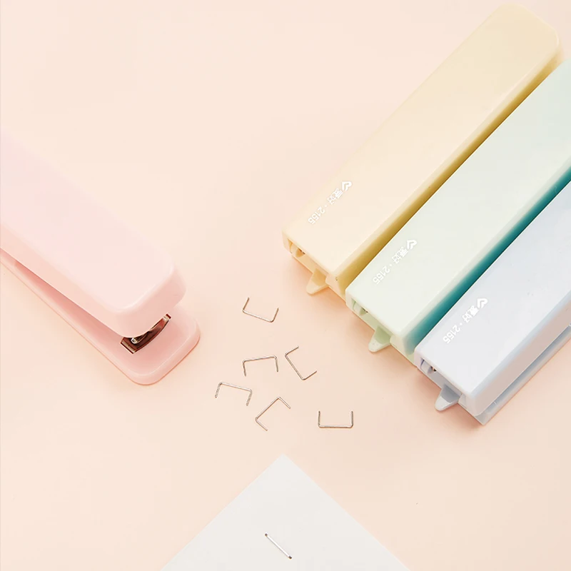 Cute Macaron Color Stapler with Staples Set Creative Plastic Metal Pure Color File Binding Machine Tools School Office Supplies