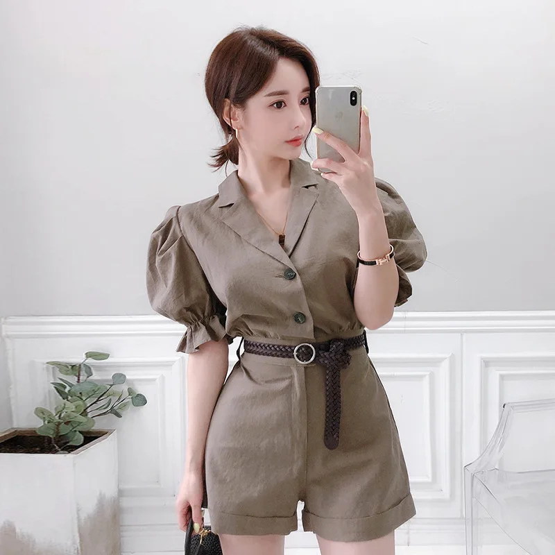 S-XL Plus Size Korean Style Puff Sleeve Short Blazer Jumpsuits Singer Breasted Corset Slim Summer Sheer Trousers Bodysuit Ladies