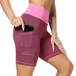 Pantalones cortos de Yoga para mujer, ropa de cintura alta sin costuras, elásticos, con bolsillo, para correr, Fitness y gimnasio